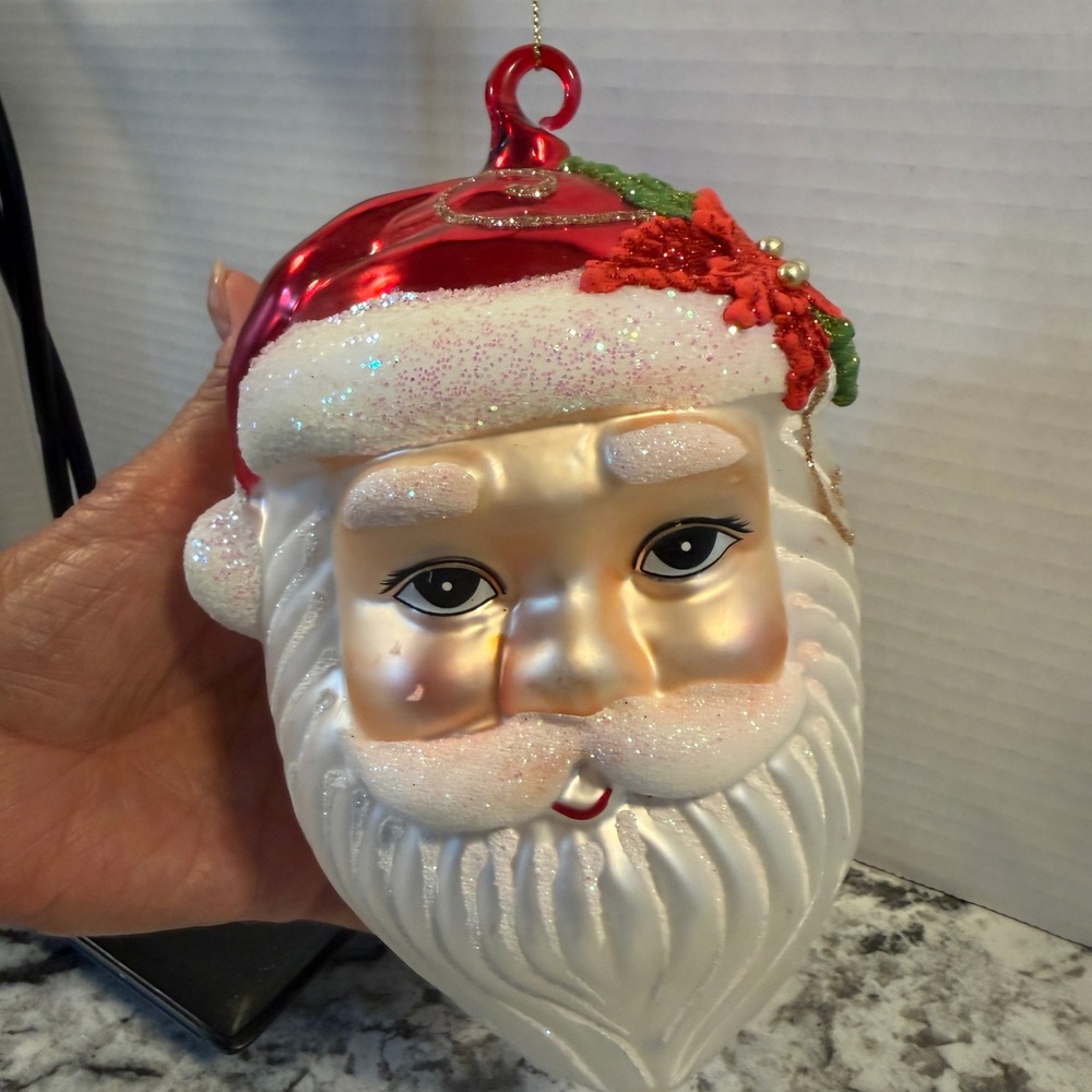 Large Glass Santa Claus Head Christmas Ornament Poinsettia Glitter Red 7"